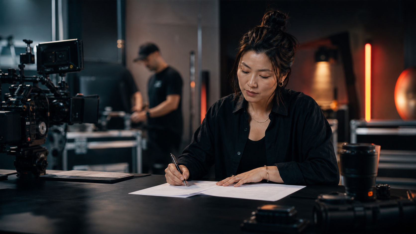 Asian female creative business owner reviewing a client contract in a professional production studio