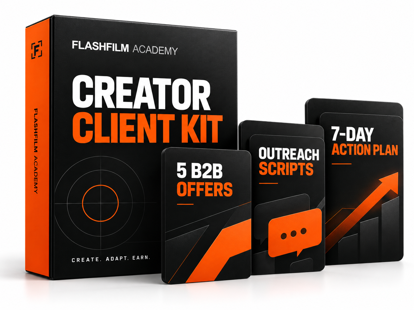 FlashFilm Academy Creator Client Kit product mockup with five B2B offers, outreach scripts and a seven-day action plan