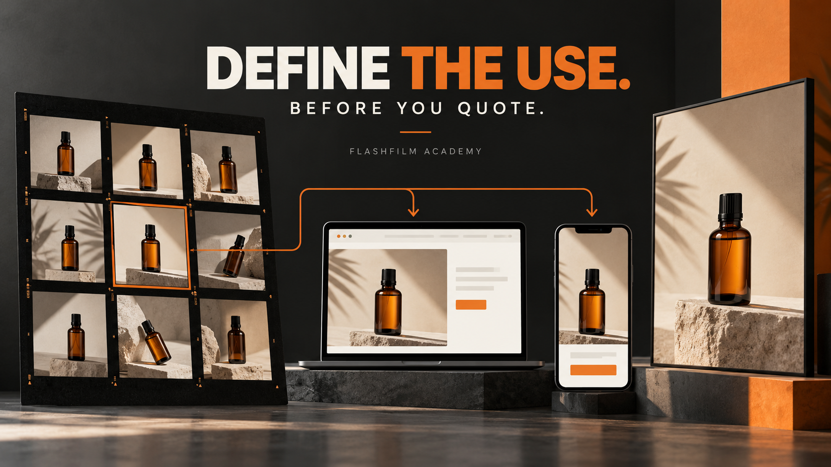 Original illustration of one product photograph appearing on a website, phone and retail poster, with the words Define the Use. Before You Quote.